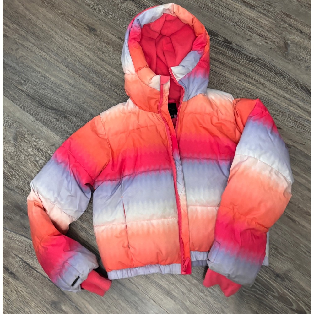 All In Motion Girls Ombre Puffer Jacket Size L 10/12 Hooded Winter Mitten Clips